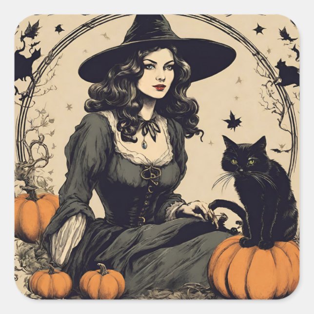 Pegatina Cuadrada Hermosa bruja de Halloween de época con gato negro (Anverso)