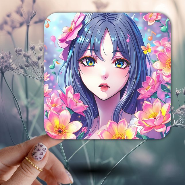 Pegatina Cuadrada Hermosa Chica Anime y flores (Subido por el creador)