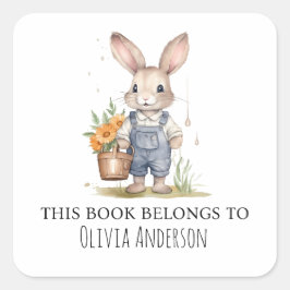 Pegatina Cuadrada Hermosa conejita con flores Pertenece a este libro