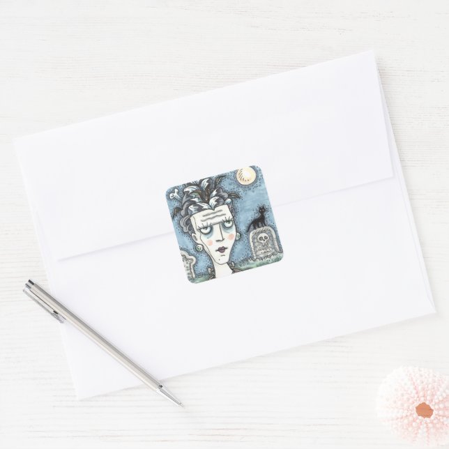 PEGATINA CUADRADA HERMOSA CREEPY FRANKENELLA MONSTER, GRAVES, CAT (Sobre)