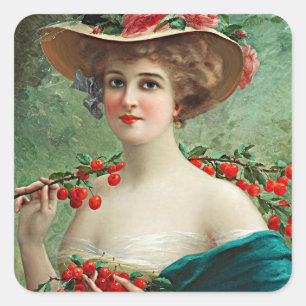 Pegatina Cuadrada Hermosa dama de época Gorra y cerezas floridas