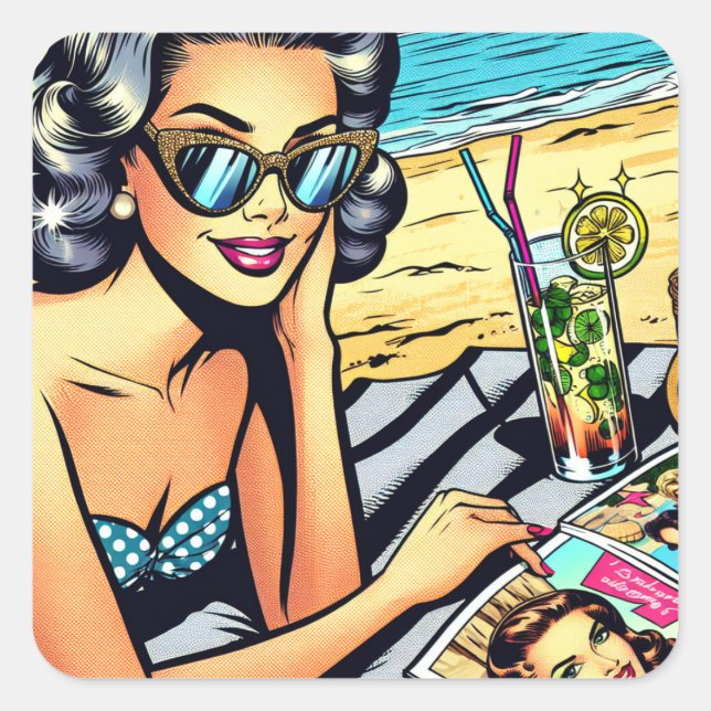 Pegatina Cuadrada Hermosa dama retro en la playa con cóctel (Anverso)