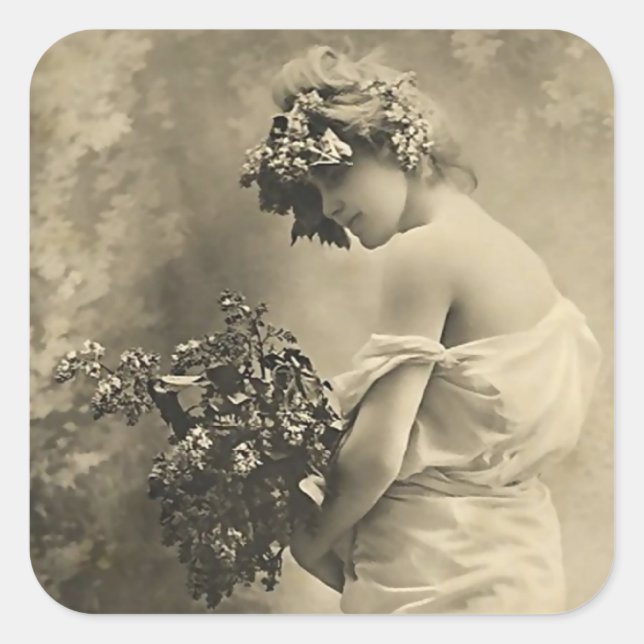 Pegatina Cuadrada Hermosa dama victoriana con flores cortadas (Anverso)