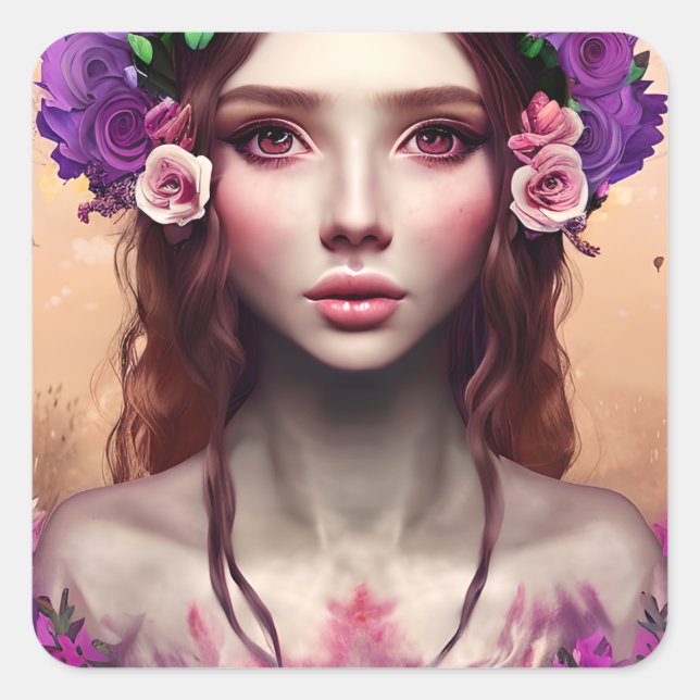 Pegatina Cuadrada Hermosa encantadora Fantasy AI Art (Anverso)