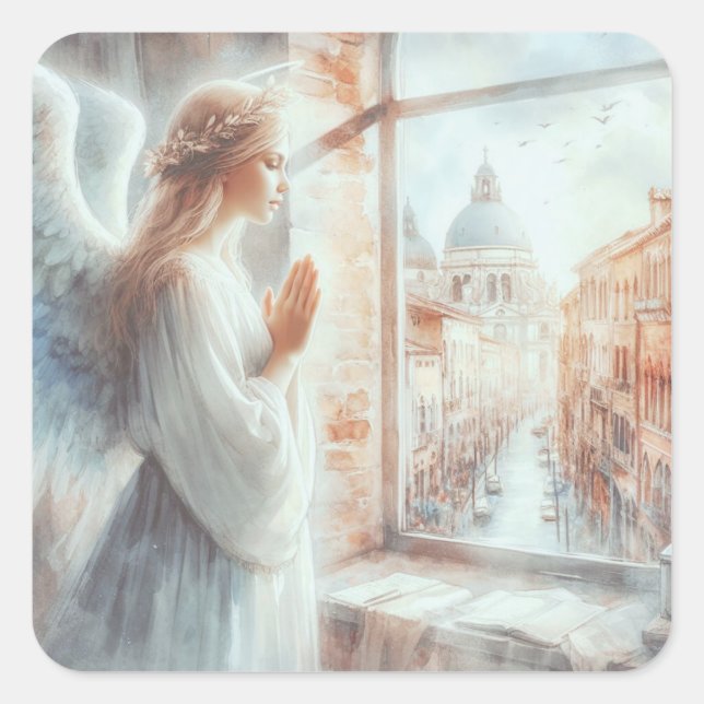 Pegatina Cuadrada Hermosa Figura Angélica de Aura Blanca Orando (Anverso)
