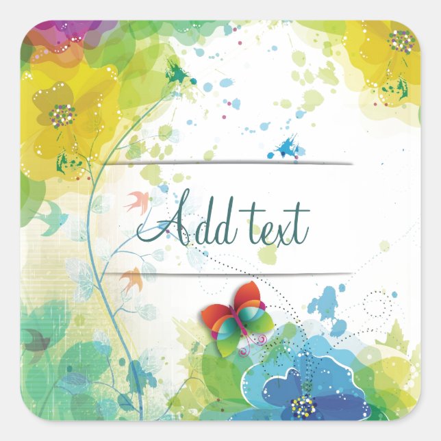 Pegatina Cuadrada Hermosa flor de moda de Guay salpicando mariposa (Anverso)