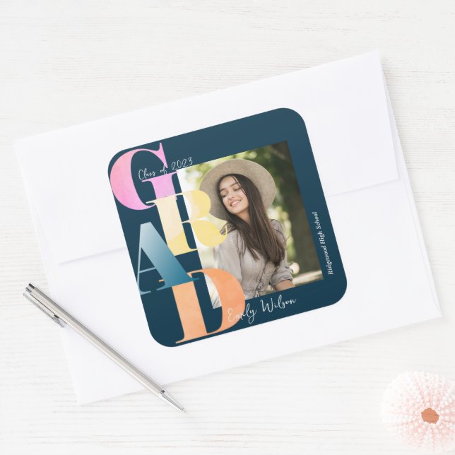 Pegatina Cuadrada Hermosa foto azul negrita de fuente 2024 Graduació (Sobre)