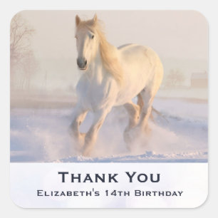 Pegatina Cuadrada Hermosa Gallopaje de Caballo Blanco en cumpleaños