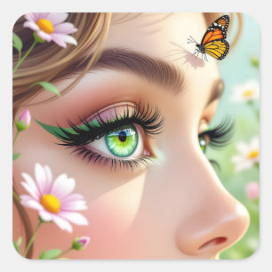 Pegatina Cuadrada Hermosa Hada de Ojos Verdes y Mariposa