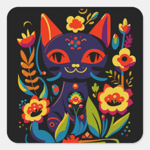 Pegatina Cuadrada Hermosa ilustración floral de arte popular de gato