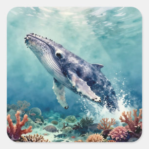 Pegatina Cuadrada Hermosa ilustración oceánica de ballena con impast