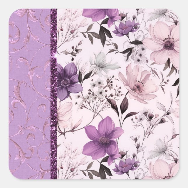 Pegatina Cuadrada Hermosa lavanda y floral rosa (Anverso)