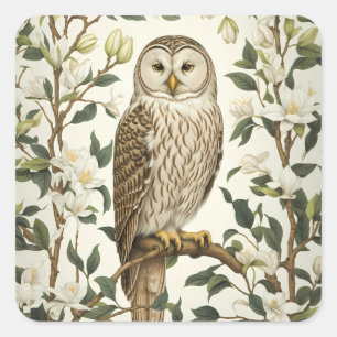 Pegatina Cuadrada Hermosa Lechuza Ural Y Flores De Magnolia