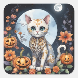 Pegatina Cuadrada Hermosa luna floral Cat Halloween - Whimsical