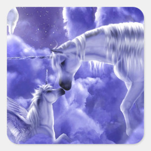 Pegatina Cuadrada Hermosa madre y hija de unicornio