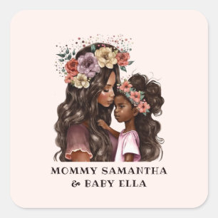 Pegatina Cuadrada Hermosa madre y hija negras (2)