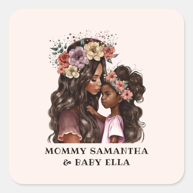 Pegatina Cuadrada Hermosa madre y hija negras (2) (Anverso)