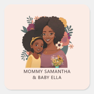 Pegatina Cuadrada Hermosa mamá y hija negras (15)