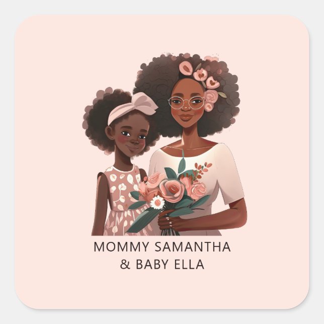 Pegatina Cuadrada Hermosa mamá y hija negras (17) (Anverso)