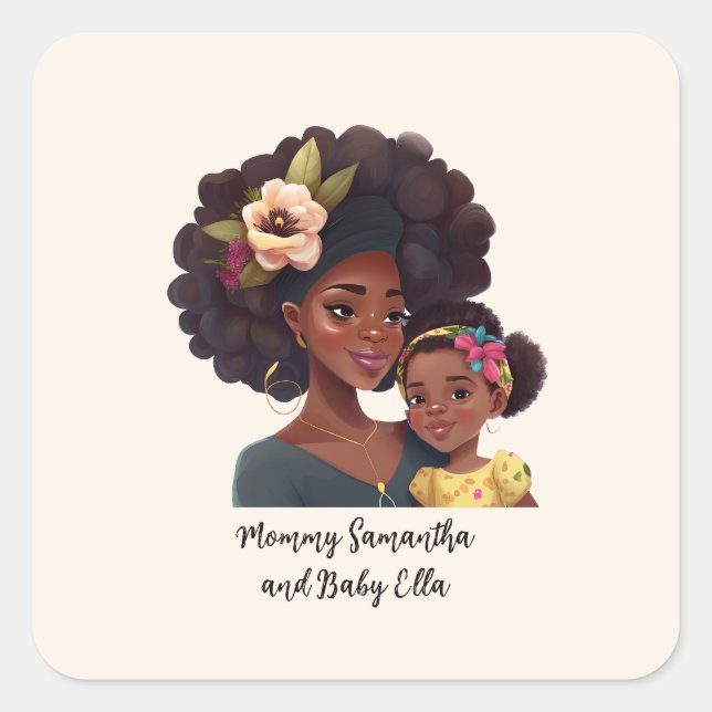 Pegatina Cuadrada Hermosa mamá y hija negras (21) (Anverso)