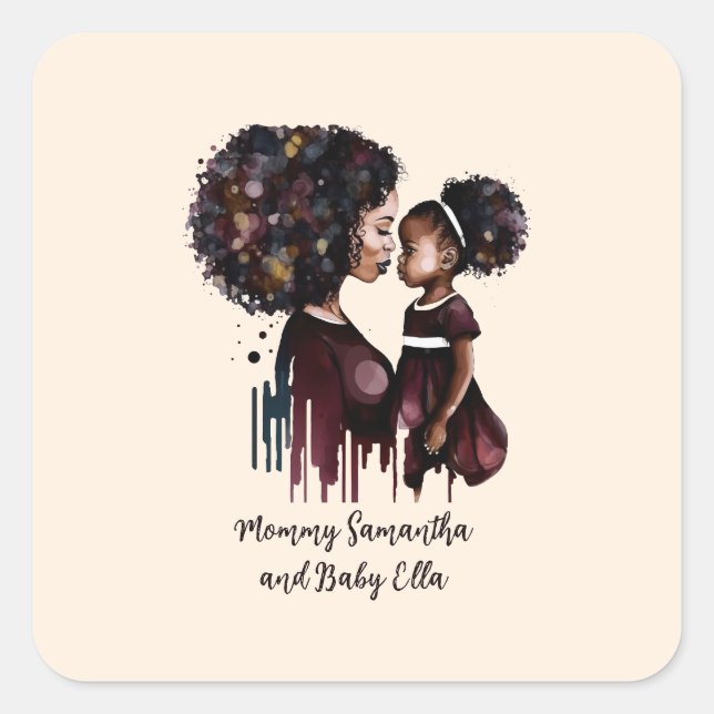 Pegatina Cuadrada Hermosa mamá y hija negras (25) (Anverso)