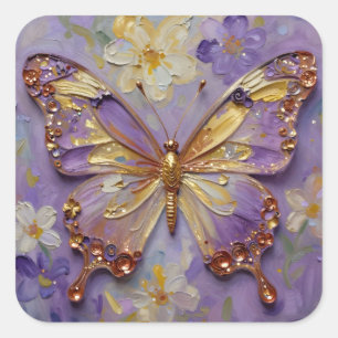 Pegatina Cuadrada Hermosa Mariposa Púrpura y Flores