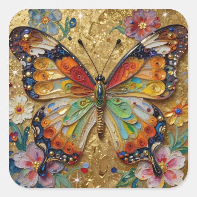 Pegatina Cuadrada Hermosa Mariposa y Flores con Impasto   (Anverso)