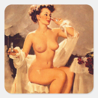 Pegatina Cuadrada Hermosa morena Arte de chica pin up vintage