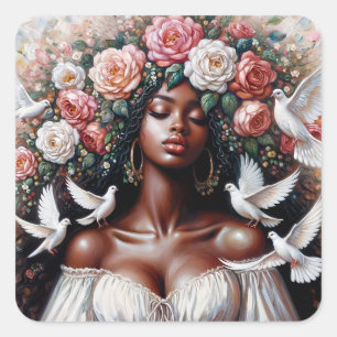 Pegatina Cuadrada Hermosa Mujer Negra Con Doves Arte Floral