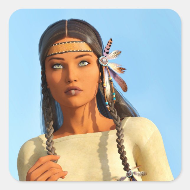 Pegatina Cuadrada Hermosa nativa estadounidense vestimenta indígena (Anverso)