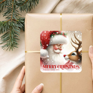 Pegatina Cuadrada Hermosa Navidad Personalizada de Santa y Rudolph