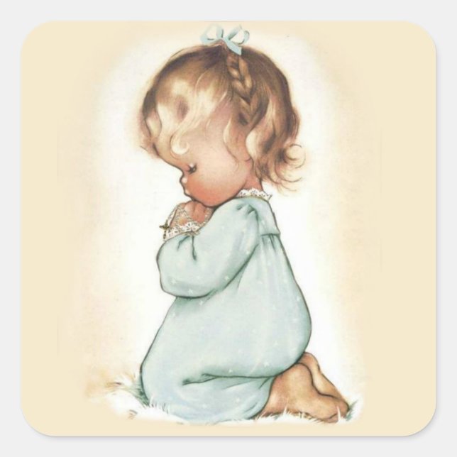Pegatina Cuadrada Hermosa Niña Vintage Rezando Rosario (Anverso)