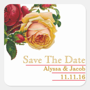 Pegatina Cuadrada Hermosa Rosa Roja Dorada Floral Save the Date