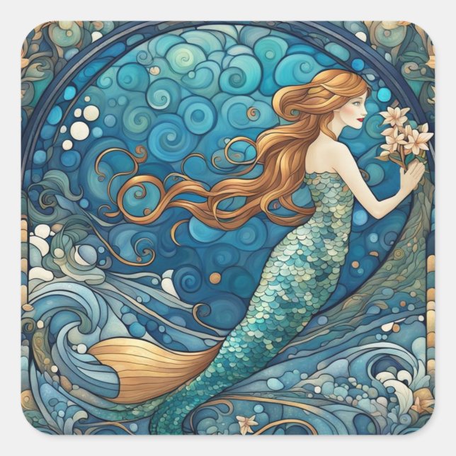 Pegatina Cuadrada Hermosa Sirena Art Nouveau Art Decó Estilo Azul (Anverso)
