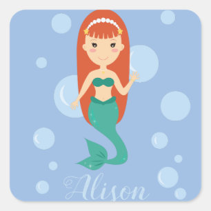 Pegatina Cuadrada Hermosa sirena personalizado chica nombre personal