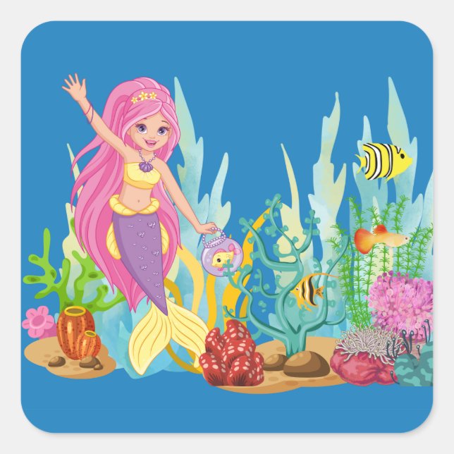 Pegatina Cuadrada Hermosa sirena PINK PELO jugando en el mar (Anverso)