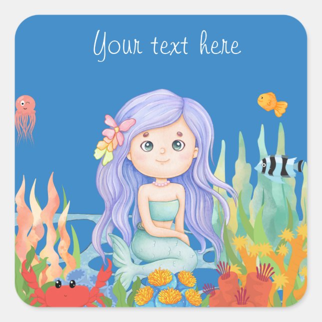 Pegatina Cuadrada Hermosa sirena PURPLE PELO jugando en el mar (Anverso)