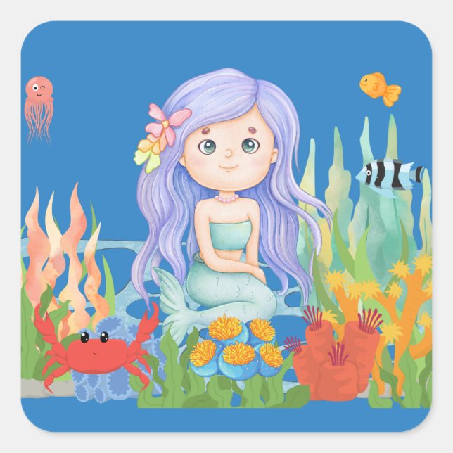 Pegatina Cuadrada Hermosa sirena PURPLE PELO jugando en el mar (Anverso)