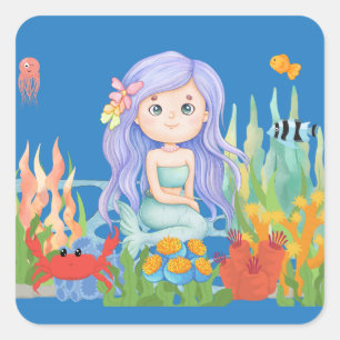 Pegatina Cuadrada Hermosa sirena PURPLE PELO jugando en el mar