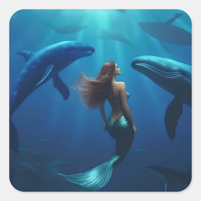 Pegatina Cuadrada Hermosa Sirenita Nadando Con Ballenas jorobadas, (Anverso)