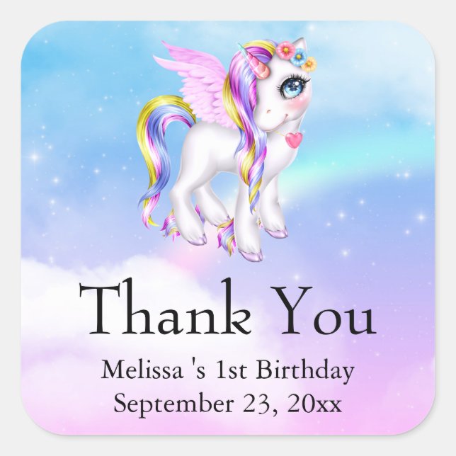 Pegatina Cuadrada Hermosa unicornio con arcoiris gracias (Anverso)