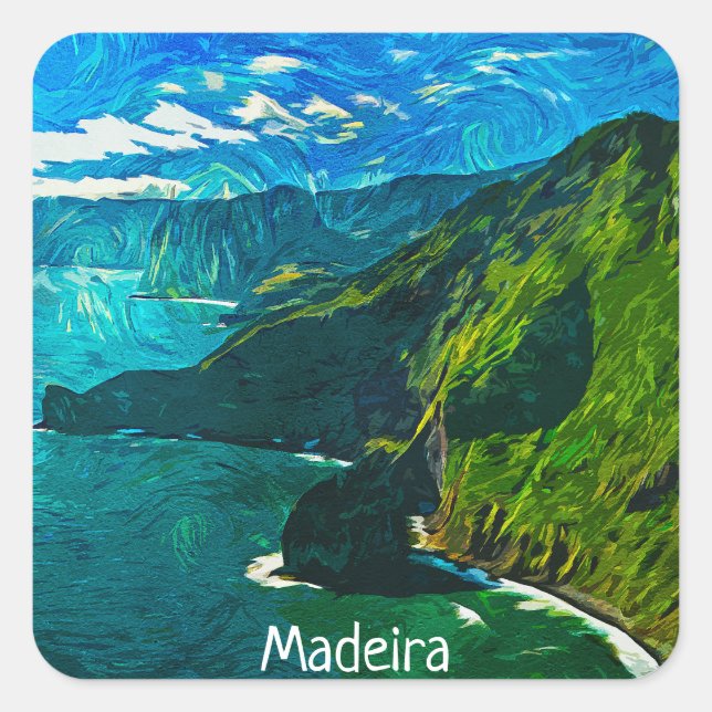 Pegatina Cuadrada Hermosa vista costera de Madeira Portugal (Anverso)