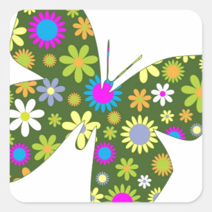 Pegatina Cuadrada Hermosas flores caprichosas de ala de mariposa Azi