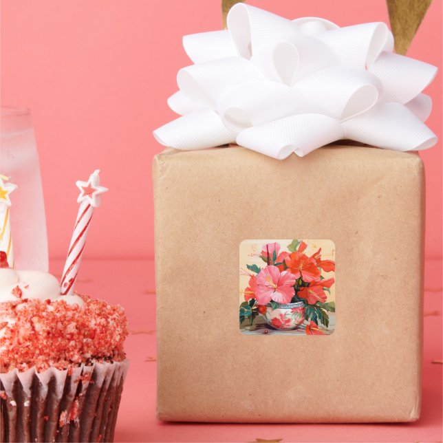 Pegatina Cuadrada Hermosas flores de Hibiscus, rosadas/rojas, (Fiesta)