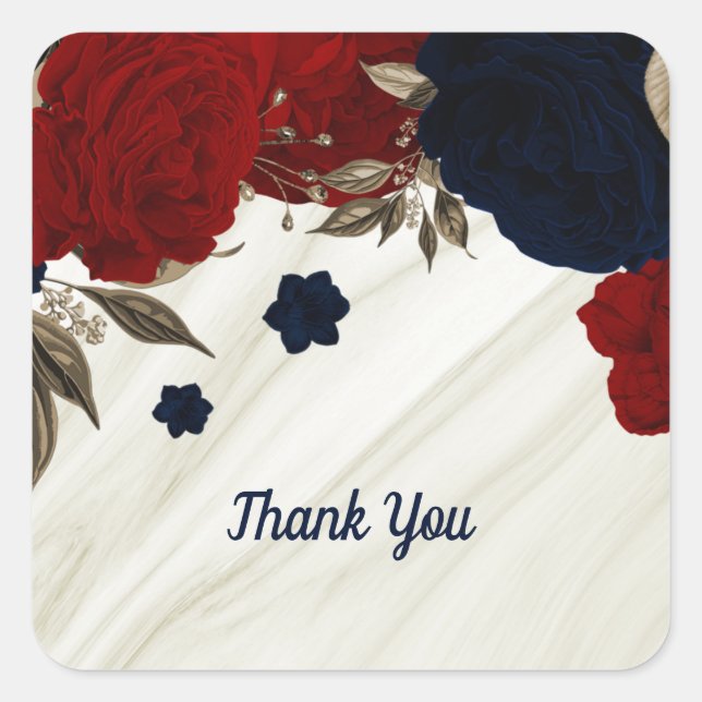 Pegatina Cuadrada Hermosas flores rojas y navales botánicas (Anverso)