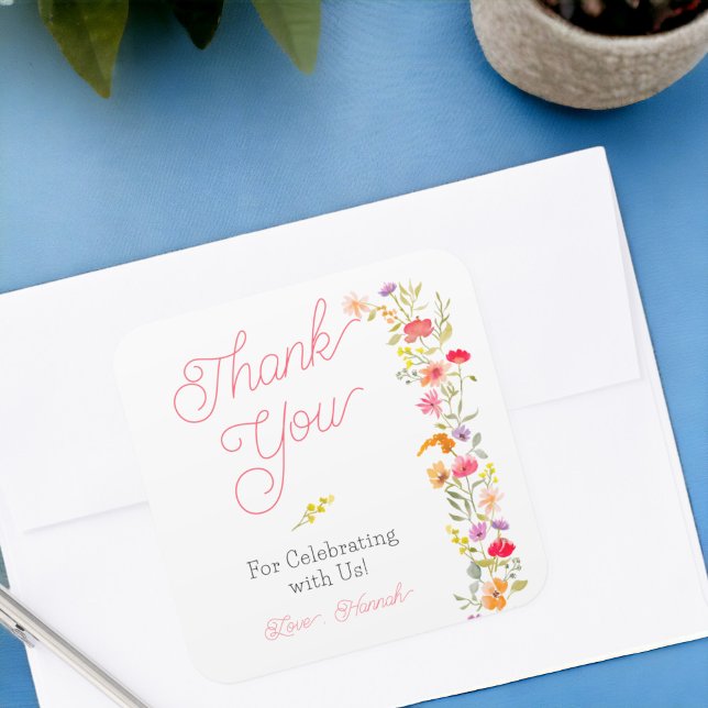 Pegatina Cuadrada Hermosas flores silvestres primaverales florales a (Pretty spring wildflowers floral bridal thank you square sticker)