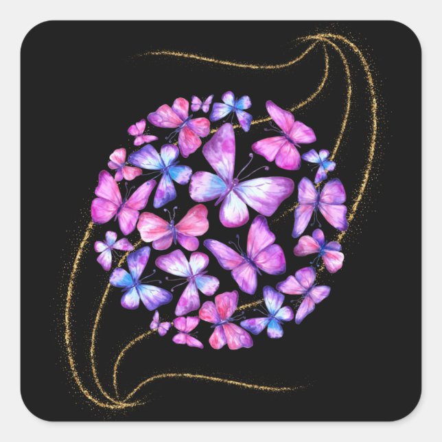 Pegatina Cuadrada Hermosas mariposas acuarelas con honda dorada (Anverso)