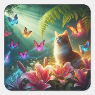 Pegatina Cuadrada Hermosas mariposas y gato de ensueño