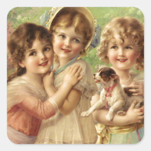 Pegatina Cuadrada Hermosas Niñas Vintage