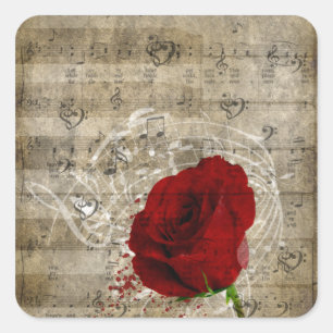 Pegatina Cuadrada Hermosas notas de música rosa roja giran el piano